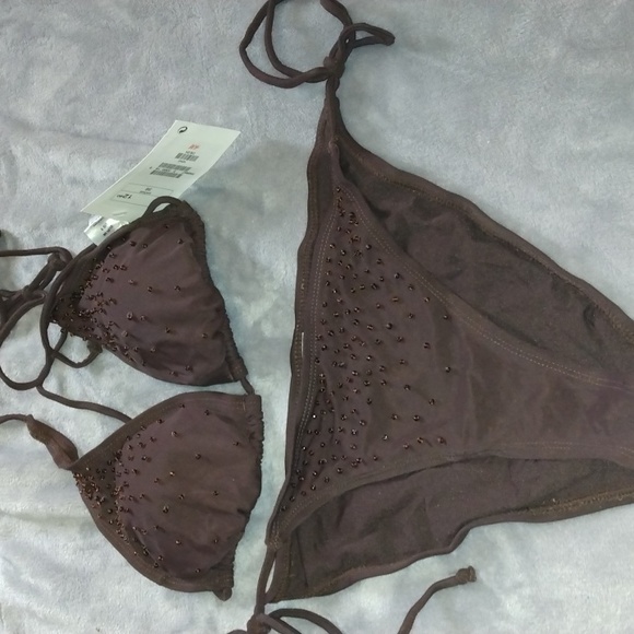 H&M women's brown beaded bikini top and bottom size 8 swimwear New - Picture 7 of 13